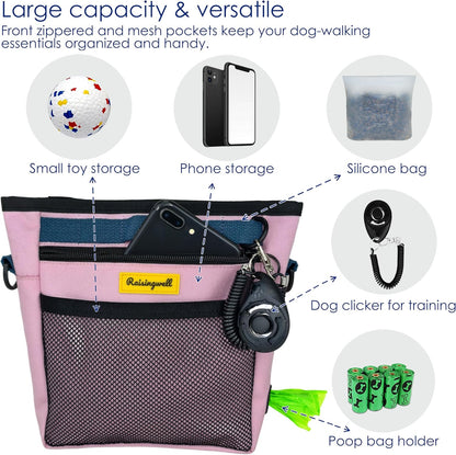 Dog Treat Pouch with Magnetic Closure 4-Cup Silicone Bag Fanny Pack Holder with Clicker 4 Ways to Wear Front Pocket Fits All Phones Ideal for Leash, Pet Walking and Training（Pink）