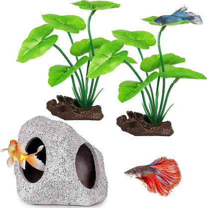 MyLifeUNIT Fish Tank Decor, Silk Aquarium Plants and Hideaway Rock Cave Decor for Betta Fish Tank Accessories, Goldfish, Turtle Tank Decorations