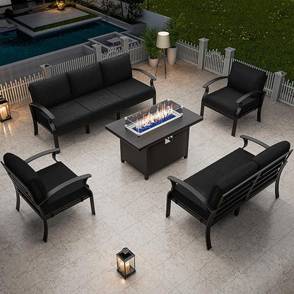 RTDTD Aluminum Outdoor Patio Furniture Set,5 Pieces 7 Seats Patio Conversation Sets with 45" Propane Fire Pit Table,Metal Patio Sectional Furniture Set w/5.1" Cushions for Porch,Deck,Backyard,Black
