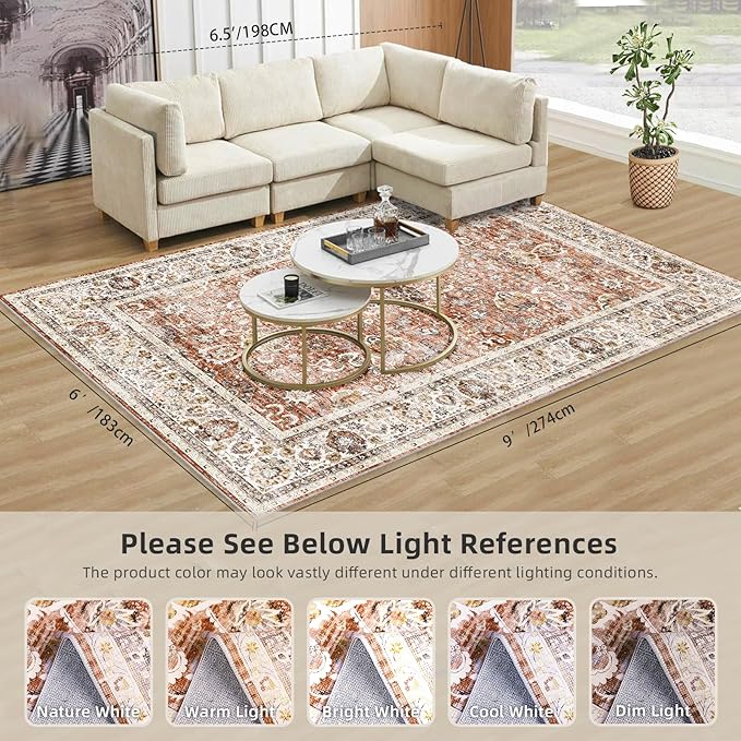 Deerly 6x9 Vintage Rugs for Dining Room, Washable Rugs Non Slip Large Area Rug for Living Room Bedroom Office, Floor Decoration Big Rug Mat Low-Pile Kid & Pet Friendly(Brick Red)