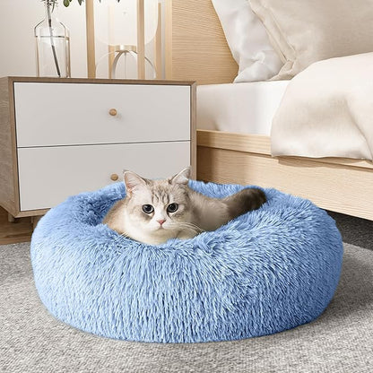 Western Home Calming Donut Cat Bed Small Dog Bed Washable,20" Light Blue | Fluffy Faux Fur Round Cuddler,Anti-Anxiety,Anti-Slip Bottom,Self-Warming Pet Bed for Small Dog&Kitten&Puppy,Up to 12 LBS