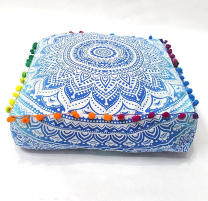 CRAFT KALA 24" Square Large Hippie Mandala Meditation Floor Ottoman Pillow Cushion Pouf Cover Square Poufs Bohemian Circle Floor Cushion Case Outdoor Fireplace Yoga Living Room Decor Cover Blue Ombre