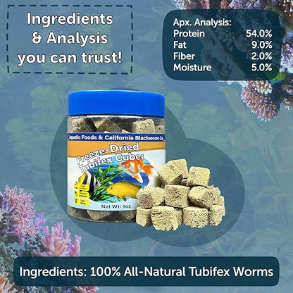 Aquatic Foods Inc. Tubifex Worms, Freeze Dried Tubifex Worm Cubes for Cichlids, Discus, Goldfish, Bettas, Marine Fish, All Tropical Fish, 12-Type Pellet Mix, 4-Type Wafer Mix Included...1oz Canister