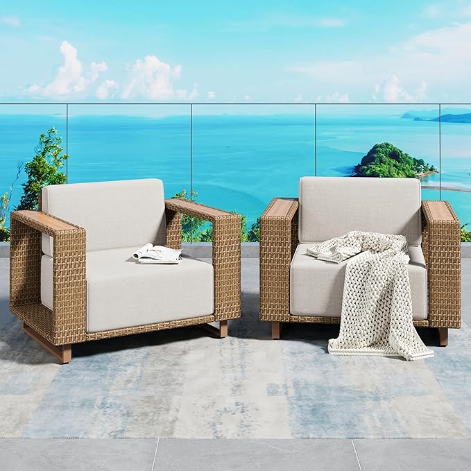 2 Pieces Patio Furniture Set,Outdoor Rattan Wicker Armchairs with 10''Ultra-Thick Cushions,All Weather Patio Conversation Set for Lawn Garden Backyard,Beige