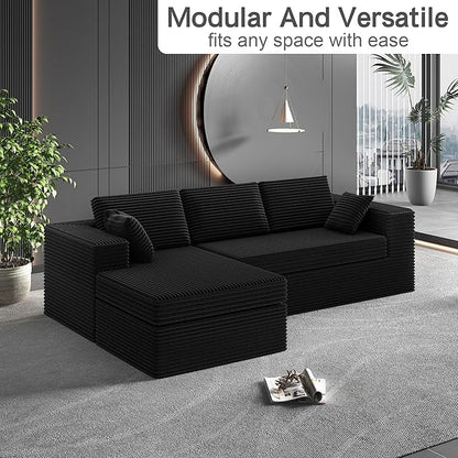 luckyvo 108-inch Boneless Couch for Living Room，Comfy Boneless Sofa with Deep Seats & Chaise Lounge, 3-Seat Modular Sofa Memory Foam Sectional Couches - No Assembly Required(Dark Black)