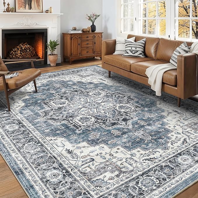 6x9 Area Rugs for Living Room Ultra-Soft Washable Rug Vintage Distressed Boho Area Rug, Non-Slip Retro Print Low Pile Stain Resistant Carpet for Bedroom Dining Room Kitchen Office