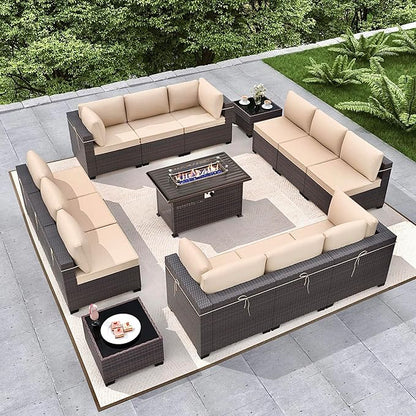 Gotland 15 Pieces Patio Furniture Set with Fire Pit Table, All Weather Rattan Outdoor Furniture with 29.5'' High Backrest 4’’ Thick Cushions Coffee Table, Patio Set for Porch, Deck, Backyard, Khaki