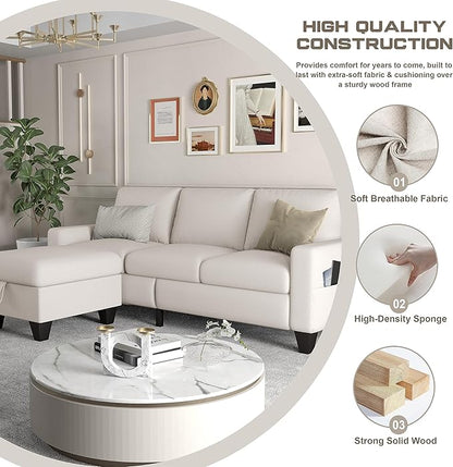 ZeeFu Couch for Living Room - 78'' Beige Linen 3 Seat L-Shaped Sectional Sofa Couches with Storage Ottoman - Modern Small Space Upholstered Furniture Sofa Set for Office Small Space Apartment Bedroom