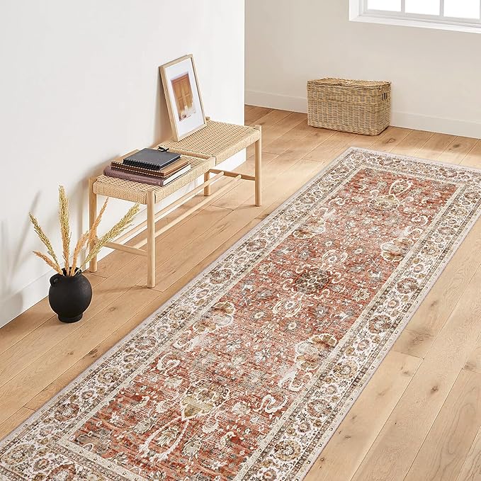 Deerly Vintage Runner Rug 3x7 Runner Rugs for Hallway Non-Slip Kitchen Runner Rug with Rubber Backing Washable Rug Runner for Bedroom Distressed Brick Red