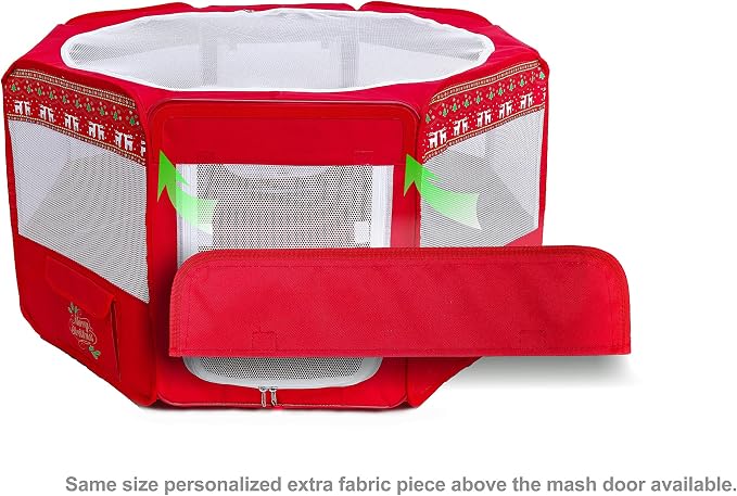 Pawer 36”×18.5” 8-Panel Foldable Pet Playpen, Red with Christmas Printing, Personalize Fabric Piece Available, for Cat/Dog/Puppy,600D Oxford Cloth Portable Indoor & Outdoor Kennel with Carry Bag