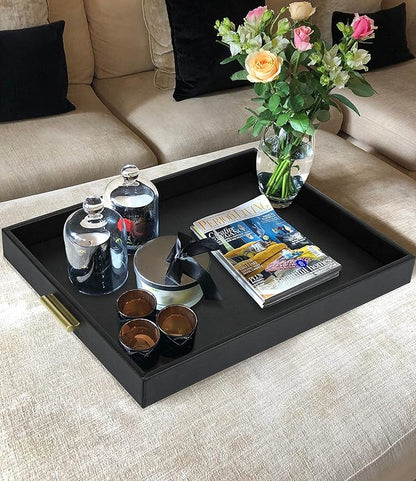 HofferRuffer Extra Large Serving Tray with Handles, Elegant Faux Leather Storage Decorative Tray for Coffee Table, Ottoman, Console Table, 20 x 16 x 2.2 inches (Black Tray+Golden Handle)