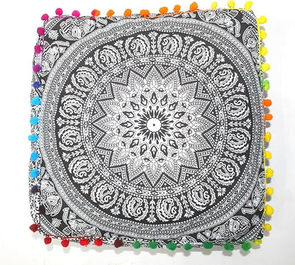CRAFT KALA Black Elephant Flower Large Hippie Mandala Meditation Floor Ottoman Pillow Cushion Pouf Cover Square Poufs Bohemian Floor Cushion Case Outdoor Fireplace Living Room Decor Cover 16" Square