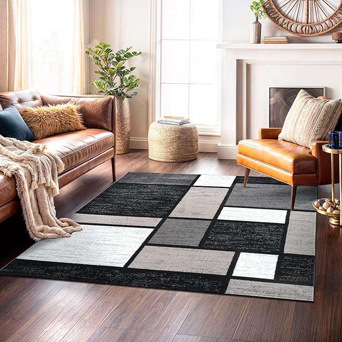 Rugshop Contemporary Modern Boxes for Home Office,Living Room,Bedroom,Kitchen Non Shedding Square Area Rug 6'6" x 6'6" Gray