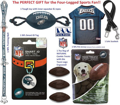 NFL Philadelphia Eagles PET GIFT BOX with 2 Licensed DOG TOYS, 1 Logo-engraved NATURAL DOG TREAT, 1 NFL JERSEY, 1 NFL Puppy Training Bells & 1 Car Seatbelt