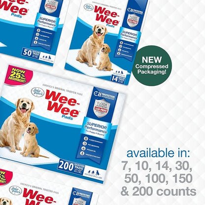 Four Paws Wee-Wee Superior Performance Dog Pee Pads, 200 Count | Quilted leak-proof puppy pads, dog housebreaking & potty training, 24-hour floor protection, pet supplies, 22" x 23"