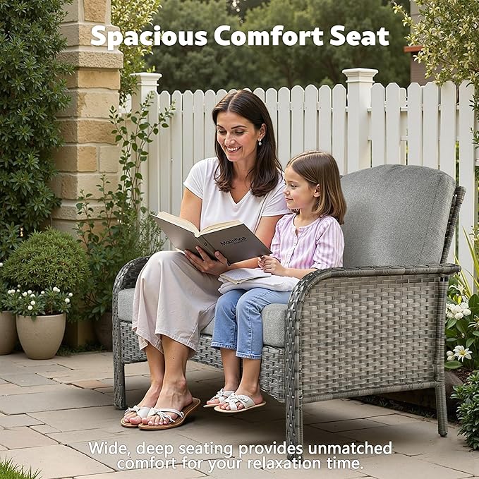 CAODOC 4-Piece Wicker Patio Furniture Set, All-Weather Rattan Conversation Bistro Loveseat Chair and Table Set for Backyard, Balcony and Deck with Soft Cushions and Metal Table(Dark Gray)