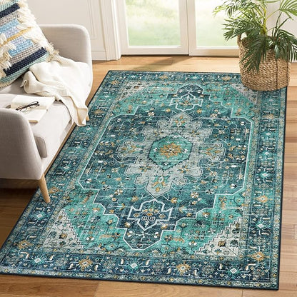 Moynesa Ultra-Thin Washable Area Rug - 4x6 Teal Living Room Rug Oriental Rugs for Bedroom, Non Slip Non Shedding Low Pile Entryway Carpet for Bedroom Dressing Room Office