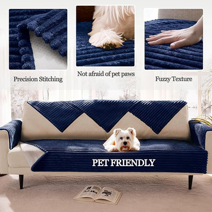 Waterproof Dual Non-Slip Couch Cover for Dogs, Fuzzy Soft Pet Couch Covers for 2 Cushion Sofa loveseat, Pet Friendly Soft Dog Bed Covers Sofa Cover Washable (Navy Blue, 33" x 62" 1 Pack)