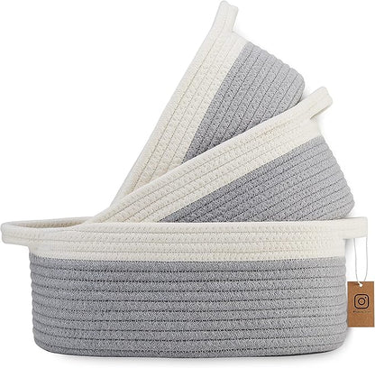 NaturalCozy 3-Piece Oval Storage Basket Set– Soft Natural Rope Woven Baskets for Storage Shelf, Toy, Nursery, Gift, Baby Shower, Pets Cat Dog Bins | Small Basket for Organizing (Off White & Gray)