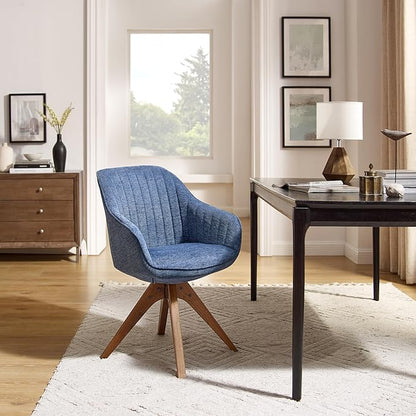 Art Leon Desk Chair - Mid Century Modern Office Chair No Wheels, Swivel Accent Chair with Oak Wood Legs, Fabric Upholstered Arm Chair, Blue