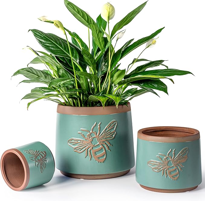 YBX Terracotta Pots Inch with Drainage Holes, Bee Decor, Ceramic Pots for Indoor Plants Flower Pots Outdoor, Succulent, Herbs, Snake Plants (Turquoise, 8+6+4 Inch)