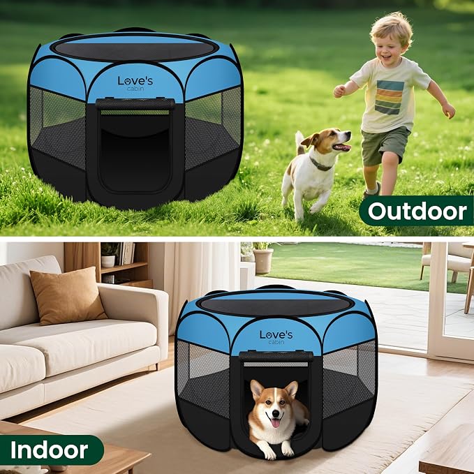 Love's cabin Pet Puppy Dog Playpen, Medium Dog Tent Crates Cage Indoor/Outdoor, Portable Playpen for Cat, Foldable Pop Up Dog Kennel Playpen with Carring Case, Removable Zipper Top, Blue