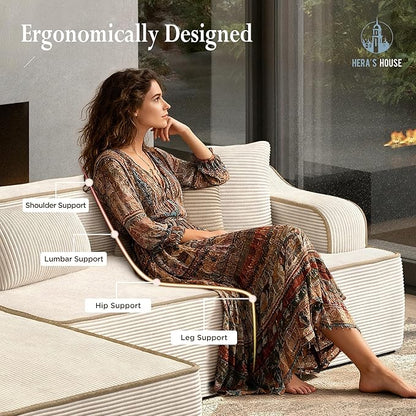 HERA'S HOUSE 105" Cloud Sectional Couch, Modular Upholstered Sofa with L-Shaped Chaise, Corduroy Boneless Couches with Wide Armrest and 5 Throw Pillows for Living Room, No Assembly Required, Beige