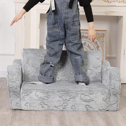Kids Sofa, 2-in-1 Flip-Out Foam Couch with Soft Sherpa Cover, Cozy Play Lounge Chair, Extra Wide, Glow in The Dark Grey