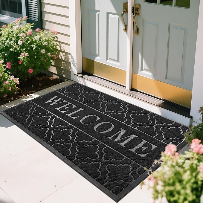 Yimobra Welcome Mat Outdoor Indoor, All-Season Waterproof Front Door Mat Outside Entrance, All-Weather Heavy Duty Non-Slip Doormat, Low Profile Porch Patio Entrance Mats, 60x36, Black