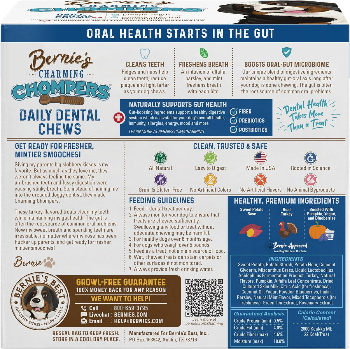 Bernie's Charming Chompers - Daily Dental Chews for Dogs - Cleans Teeth, Freshens Breath, + Boosts Oral-Gut Microbiome. Easy to Digest, Supports Healthy Digestion Naturally (36 oz, Tiny Dogs)