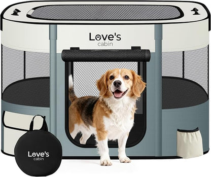 Love's cabin Pet Puppy Dog Playpen, Large Dog Tent Crates Cage Indoor/Outdoor, Portable Exercise Playpen for Cat, Foldable Pop Up Dog Kennel Playpen with Carring Case (L, Gray Green)