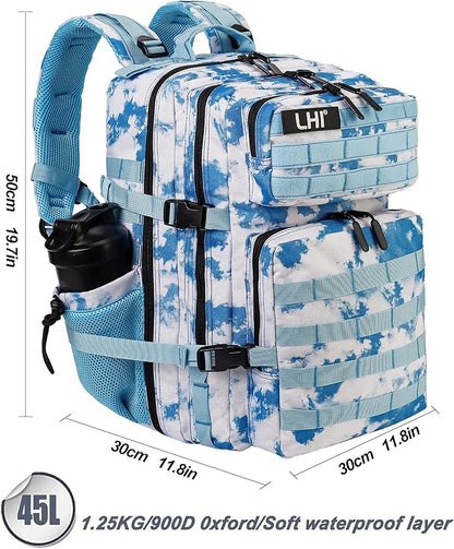 LHI Military Tactical Backpack for Men and Women 45L Army 3 Days Assault Pack Bag Large Rucksack with Molle System - Light blue tie-dye