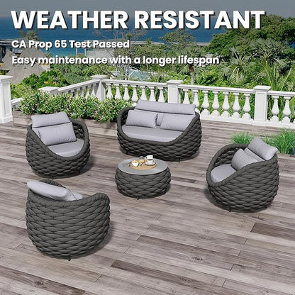 Erotr Fully Assembled Patio Furniture Set: 5 Pieces Woven Rope Outdoor Conversation Set Cushioned - Modern Metal Deck Loveseat Chair Table Set - Porch Seating for Courtyard Garden Pool Balcony Hotel