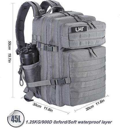 LHI Military Tactical Backpack for Men and Women 45L Army 3 Days Assault Pack Bag Large Rucksack with Molle System - Grey