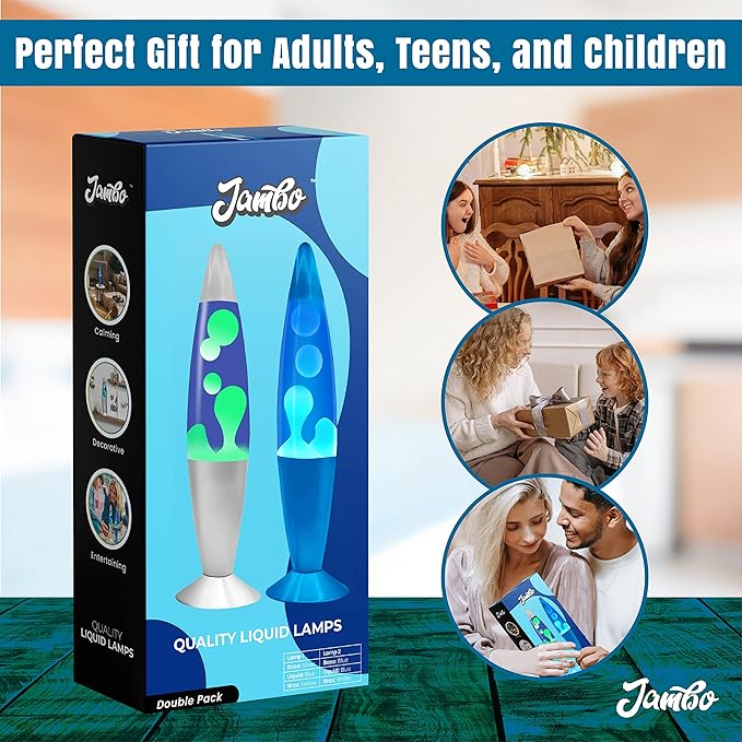 JAMBO 2 Pack- 16" Beautiful Lamp- Silver with Yellow/Green Wax and Blue with Blue/White Wax, Relaxing Liquid Lamp, Night Light Nightlight, Lamps for Adults Teens Kid