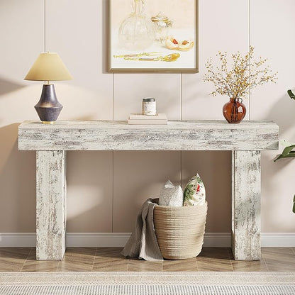 Tribesigns 63-Inch Long Console Table, Wooden Rectangular Sofa Table Behind The Couch, Farmhouse Entryway Table for Entrance, Hallway, Living Room (Distressed White)