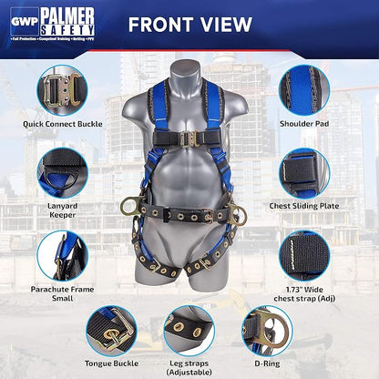 Fall Protection Hammerhead Kit I 5pt Safety Harness, 6' Double Leg Lanyard, 18" D-Ring Extender (Blue - MD)