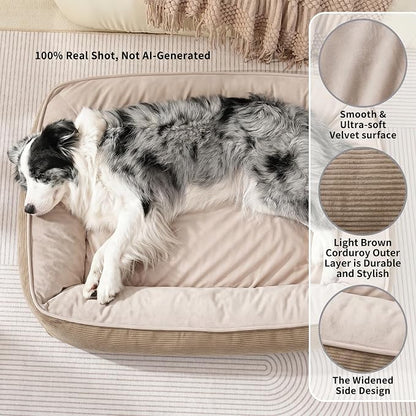 FAIRYPET Deluxe Plush Dog Beds for Medium to Large Dogs, 3D Crimped Siliconized Hollow Fiber Fill，Soft Breathable，Washable Dog Bed, Plush Faux Fur & Corduroy,Durable Pet Bed with Anti-Slip Bottom