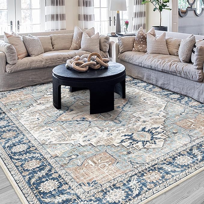 9x12 Area Rugs, Machine Washable Area Rugs for Living Room, Non Slip Backing Rugs for Bedroom, Vintage Printed Home Decor Large Area Rug (Grey Blue 9x12)