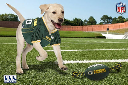 NFL Green Bay Packers PET GIFT BOX with 2 Licensed DOG TOYS, 1 Logo-engraved NATURAL DOG TREAT, 1 NFL JERSEY, 1 NFL Puppy Training Bells & 1 Car Seatbelt