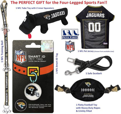 NFL Jacksonville Jaguars PET GIFT BOX with 2 Licensed DOG TOYS, 1 Logo-engraved NATURAL DOG TREAT, 1 NFL JERSEY, 1 NFL Puppy Training Bells & 1 Car Seatbelt