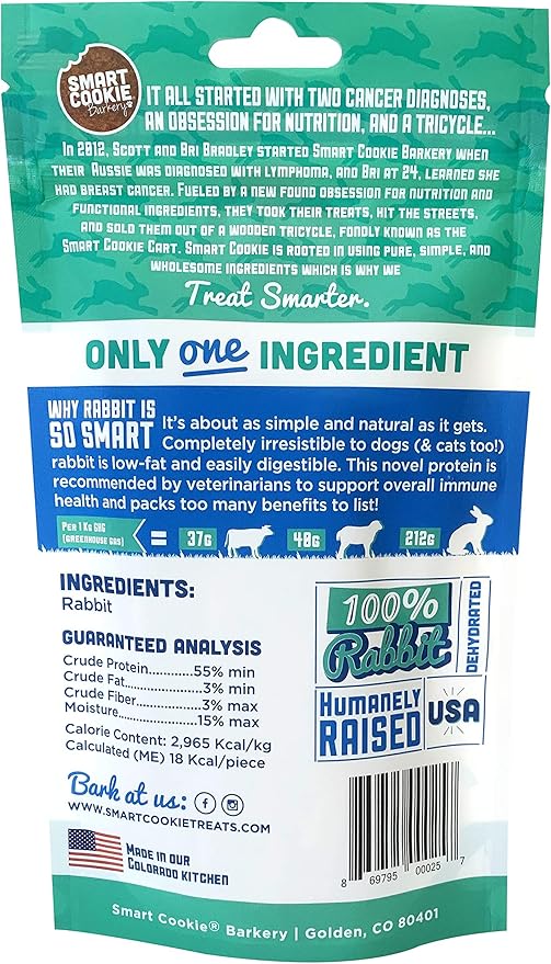 Smart Cookie Single Ingredient Rabbit Jerky Dog Treats - Training Treat Strips for Dogs and Puppies with Allergies, Sensitive Stomachs - Dehydrated, 100% Meat, Grain Free, Made in USA - 3oz, Pack of 3
