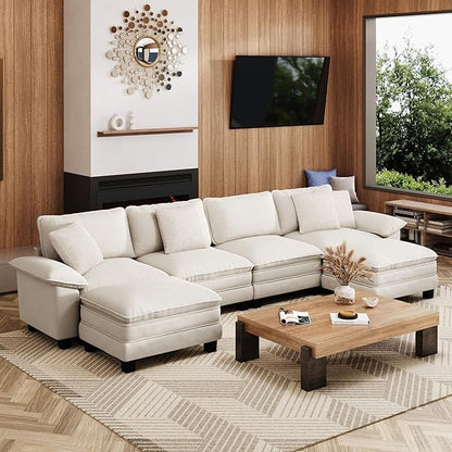 MIXPATIO 157-Inch U Shaped Sectional Sofa with Cloud Cushions, Deep Seat Modular Couch Set w/ 6 Seats & 2 Ottomans, Removable Arms, Plush Chenille Upholstery for Living Room, Apartment - Beige