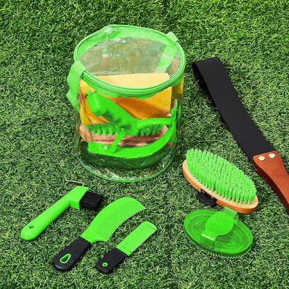 Cunhill 9 Pcs Horse Grooming Kit with Bag Curry Brushes,Cute,Green | Complete Grooming Set for Horses, Hard Soft Brushes, Hoof Pick, Sweat Scraper, Sponge, Comb, Portable Tote for Stable