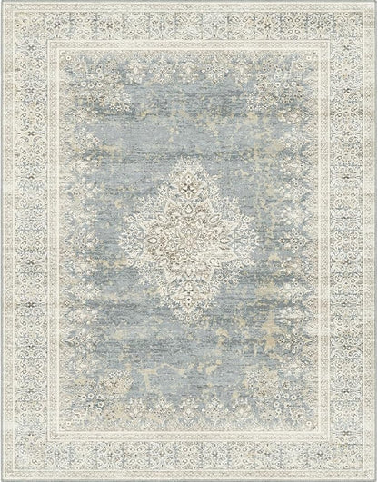 Area Rug 7x9, Washable Gray Vintage Rug, Traditional Floor Cover Thin Rug, Retro Indoor Distressed Non Slip Carpet, Floral Print Mat Living Room Bedroom (Grey/Light Camel, 7X9)