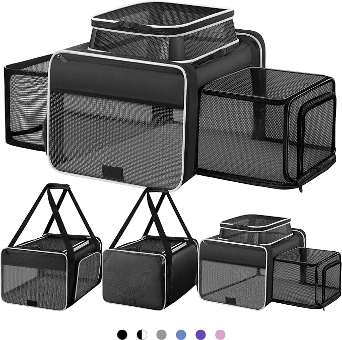 Top and 2 Sides Expandable Pet Carrier 17x11x9.5,TSA Airline Approved Small Dog Carriers for Small Dogs,Soft-Sided Cat Carrier with Self-Locking Zippers for Kitten,Rabbit,Puppy,Guinea Pig Black White