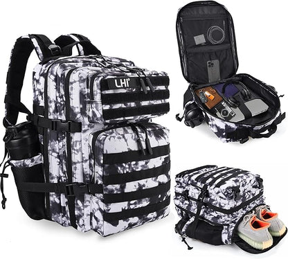 LHI Military Tactical Backpack for Men and Women 45L Army 3 Days Assault Pack Bag Large Rucksack with Shoe Compartment - Blue