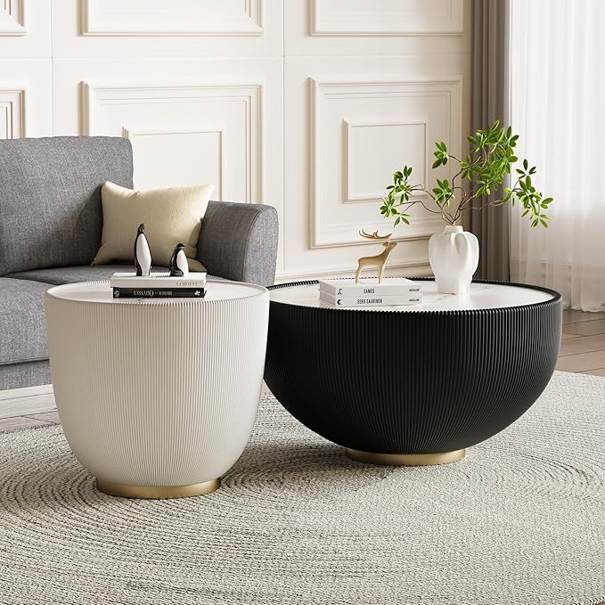 Round Coffee Table Set with Sintered Stone Tabletop, 27.56" Black Drum Center Table and 19.69" White Coffee Table Set, 2 Pieces Living Room Table Set with Fluted PU Leather Cover& Metal Base