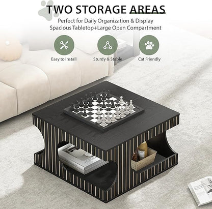 weselon 31.5" Square Coffee Table with Storage, Mid-Century Modern Center Table with Arched Cutouts and Carved Lines, 2-Tier Tea Table for Living Room, Cat-Friendly Base (Black)
