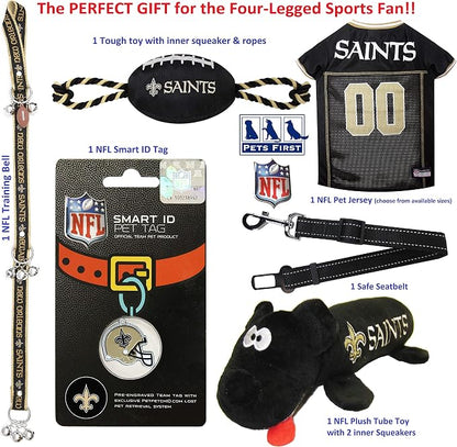 NFL New Orleans Saints PET GIFT BOX with 2 Licensed DOG TOYS, 1 Logo-engraved NATURAL DOG TREAT, 1 NFL JERSEY, 1 NFL Puppy Training Bells & 1 Car Seatbelt